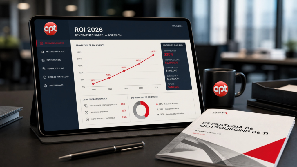 El impacto del Outsourcing de TI en la estructura de costos corporativos. Se observa cómo la transición a servicios gestionados permite una optimización del retorno de inversión (ROI) mediante la reducción de riesgos y el aumento de la productividad global.