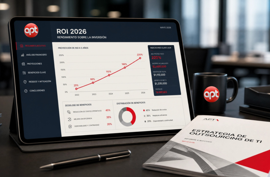 El impacto del Outsourcing de TI en la estructura de costos corporativos. Se observa cómo la transición a servicios gestionados permite una optimización del retorno de inversión (ROI) mediante la reducción de riesgos y el aumento de la productividad global.